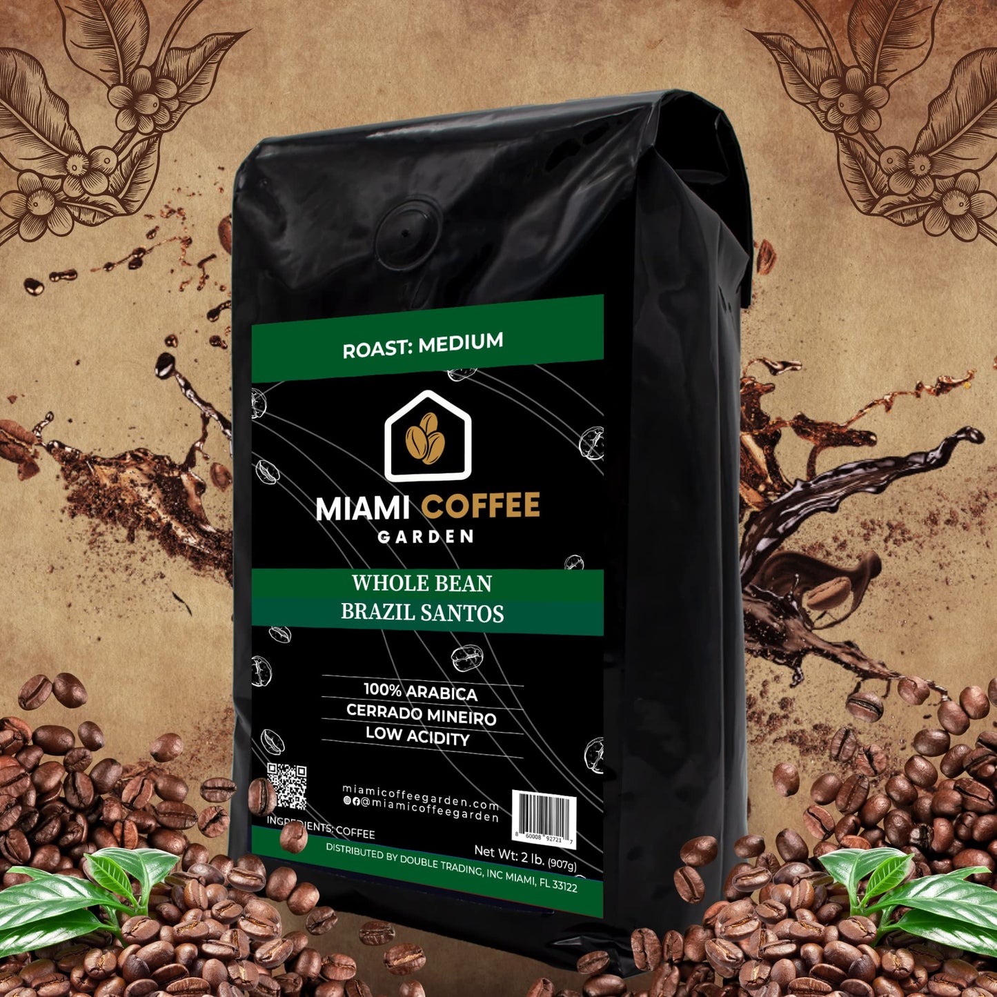 Brazil Santos, Miami Coffee Garden, Medium Roast, Whole Coffee Beans